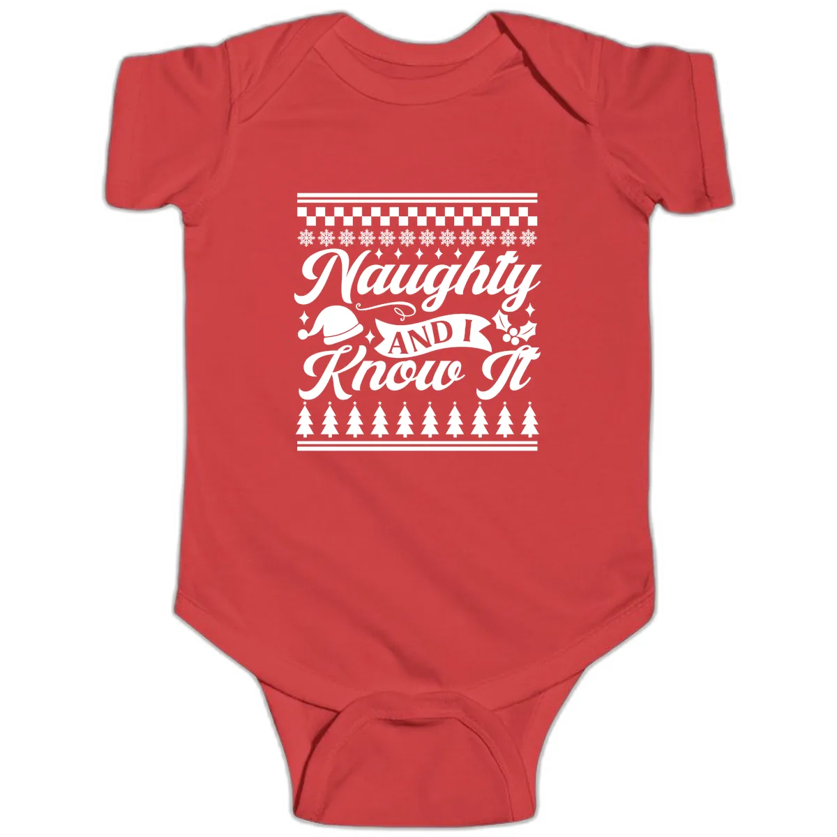 Naughty And I Know It Christmas Design Baby Onesie in Red
