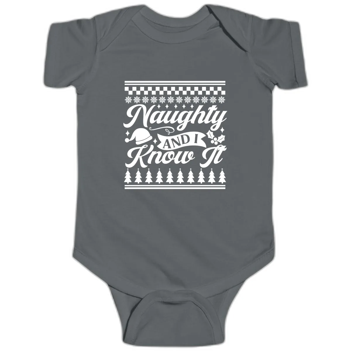 Naughty And I Know It Christmas Design Baby Onesie in Charcoal