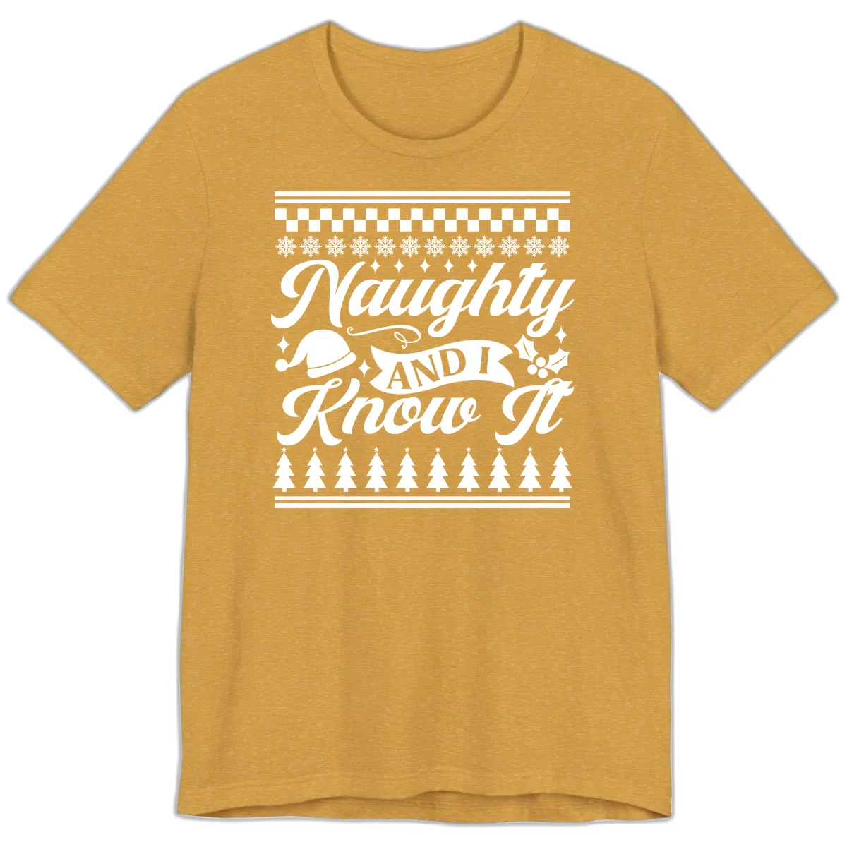 Naughty And I Know It Christmas Design Premium T-Shirt in Heather Mustard
