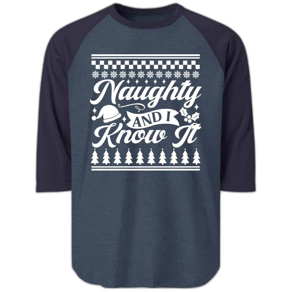 Naughty And I Know It Christmas Design Raglan 3/4 in Heather Denim Navy