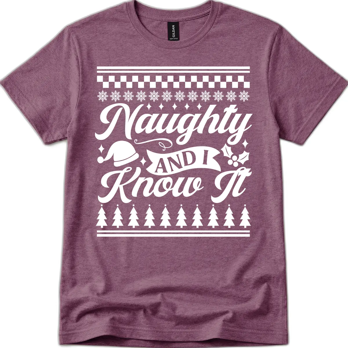 Naughty And I Know It Christmas Design T-Shirt in Heather Maroon