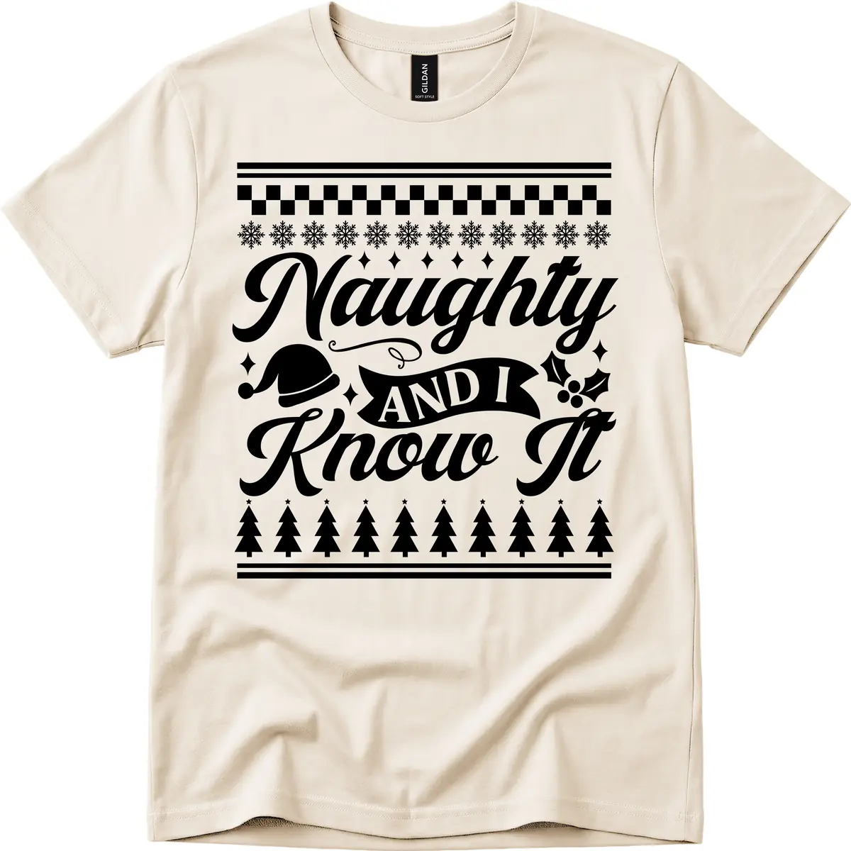 Naughty And I Know It Christmas Design T-Shirt in Natural