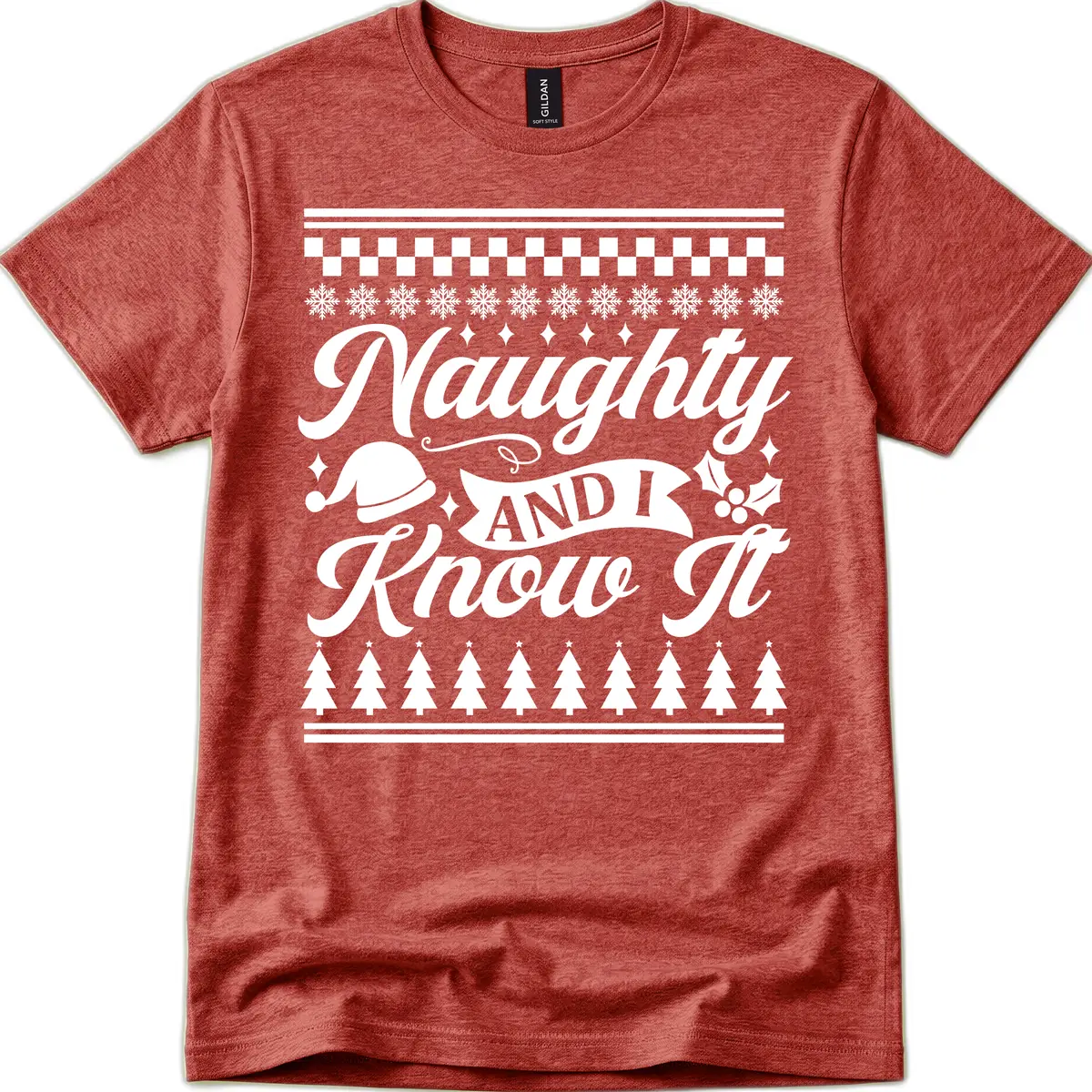 Naughty And I Know It Christmas Design T-Shirt in Heather Cardinal