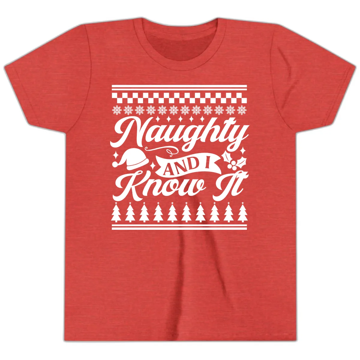 Naughty And I Know It Christmas Design Youth T-Shirt in Heather Red