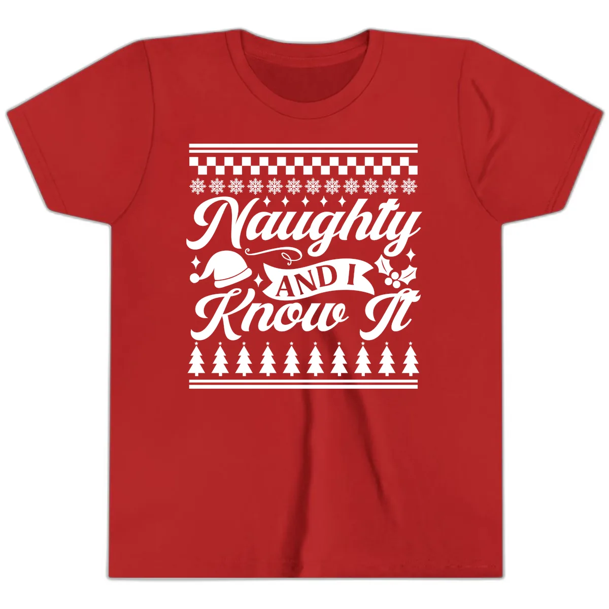 Naughty And I Know It Christmas Design Youth T-Shirt in Red