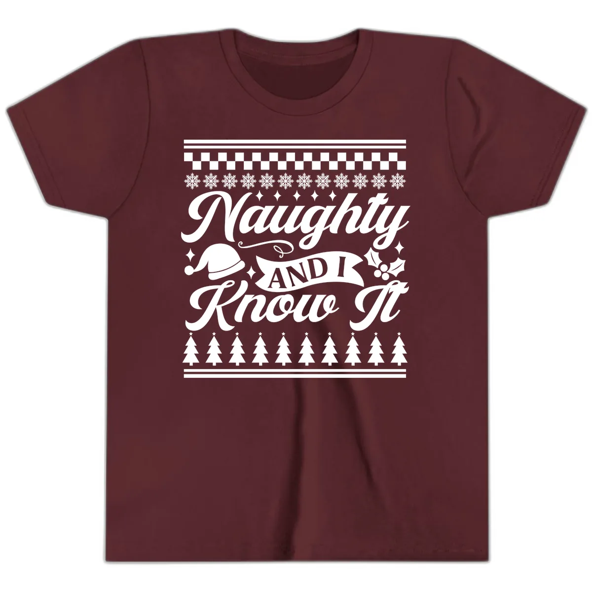 Naughty And I Know It Christmas Design Youth T-Shirt in Maroon