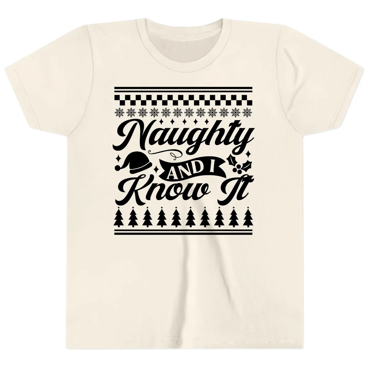 Naughty And I Know It Christmas Design Youth T-Shirt in Natural